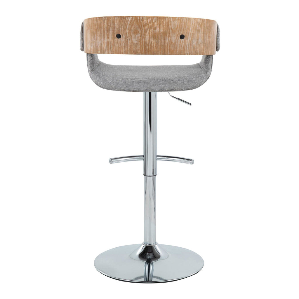 Elisa Adjustable Barstool - Set of 2 - Chrome Metal, Whitewashed Wood, Grey Fabric