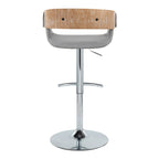 Elisa Adjustable Barstool - Set of 2 - Chrome Metal, Whitewashed Wood, Grey Fabric