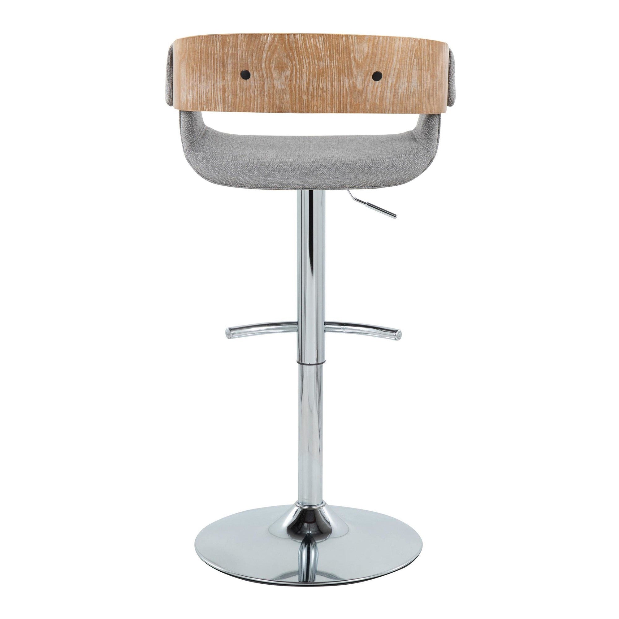 Elisa Adjustable Barstool - Set of 2 - Chrome Metal, Whitewashed Wood, Grey Fabric