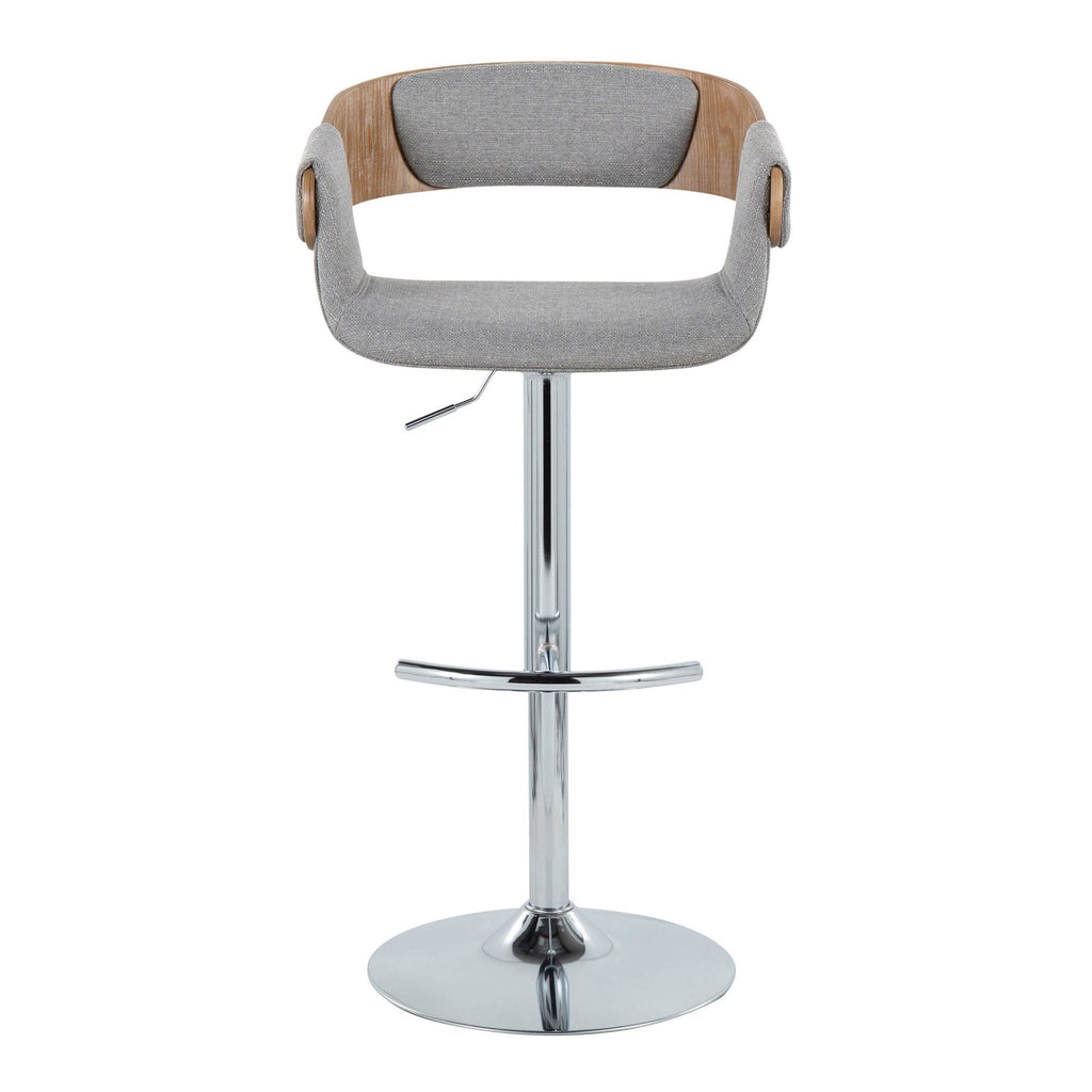 Elisa Adjustable Barstool - Set of 2 - Chrome Metal, Whitewashed Wood, Grey Fabric