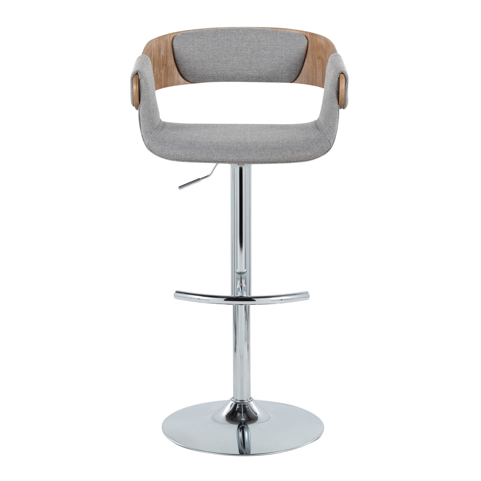 Elisa Adjustable Barstool - Set of 2 - Chrome Metal, Whitewashed Wood, Grey Fabric