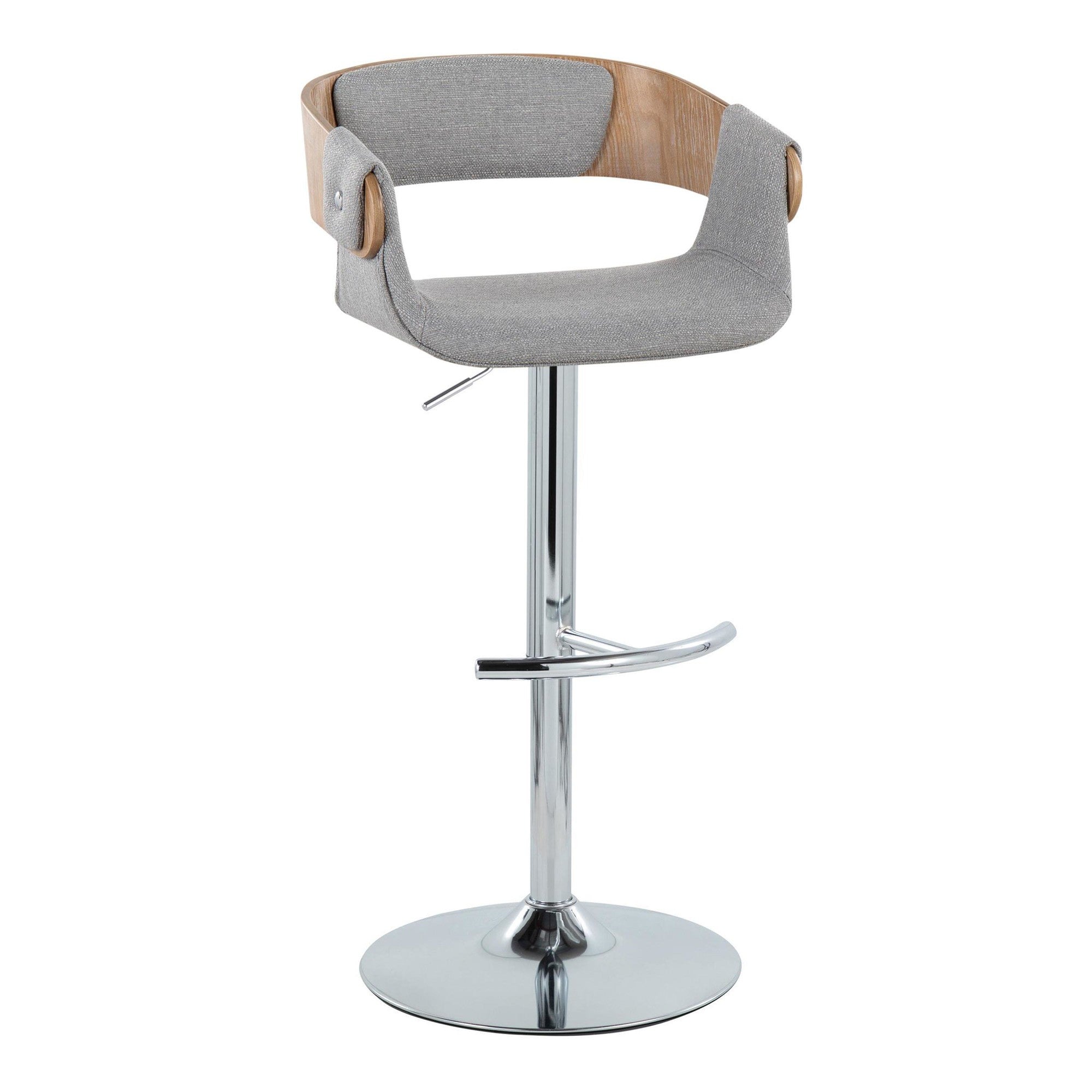 Elisa Adjustable Barstool - Set of 2 - Chrome Metal, Whitewashed Wood, Grey Fabric