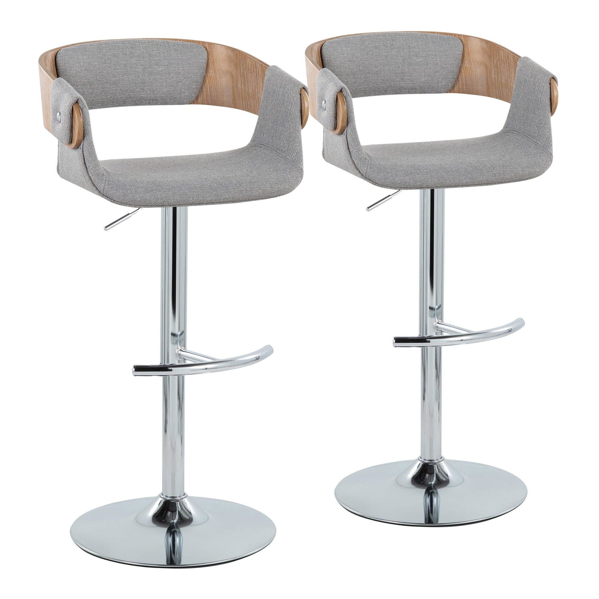 Elisa Adjustable Barstool - Set of 2 - Chrome Metal, Whitewashed Wood, Grey Fabric