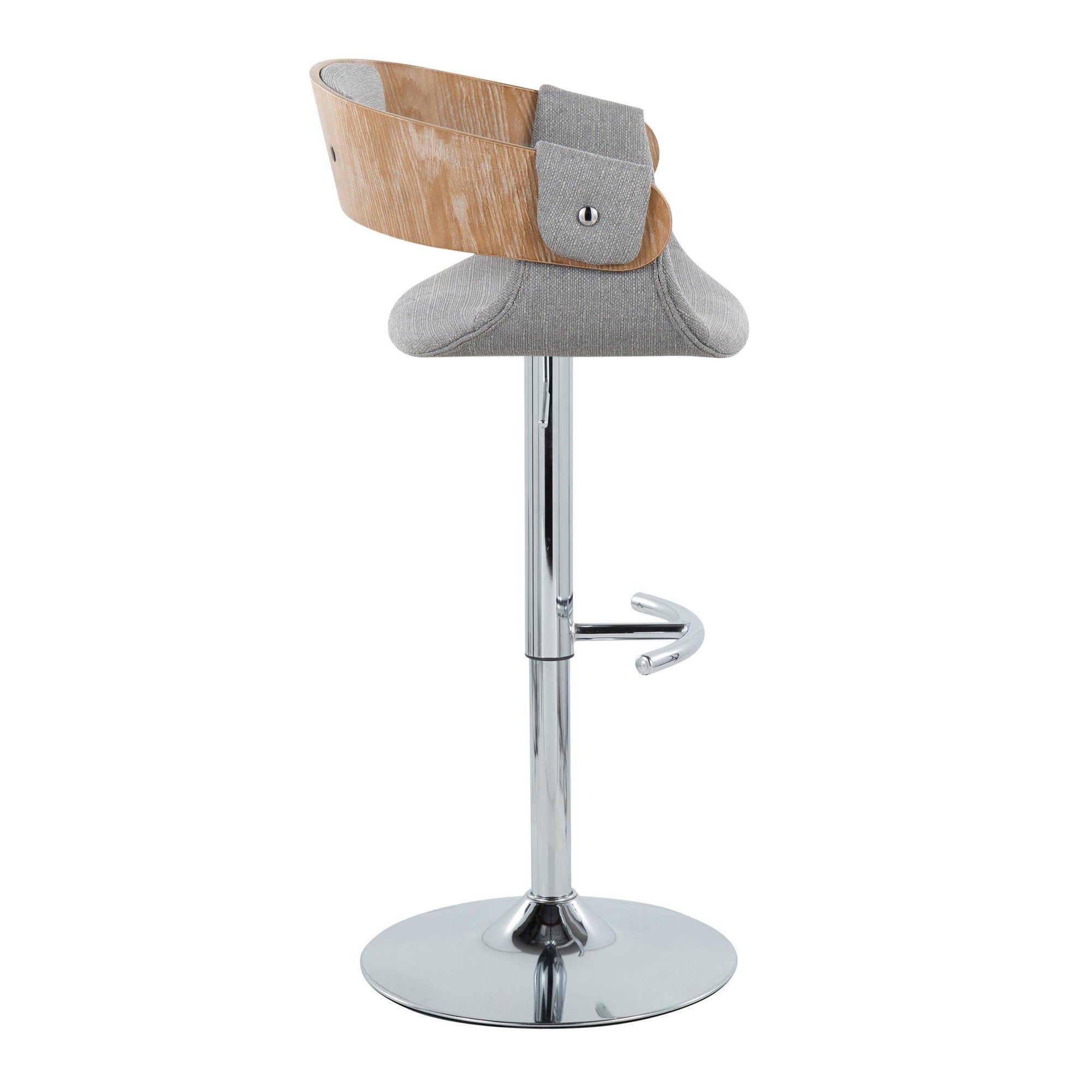 Elisa Adjustable Barstool - Set of 2 - Chrome Metal, Whitewashed Wood, Grey Fabric