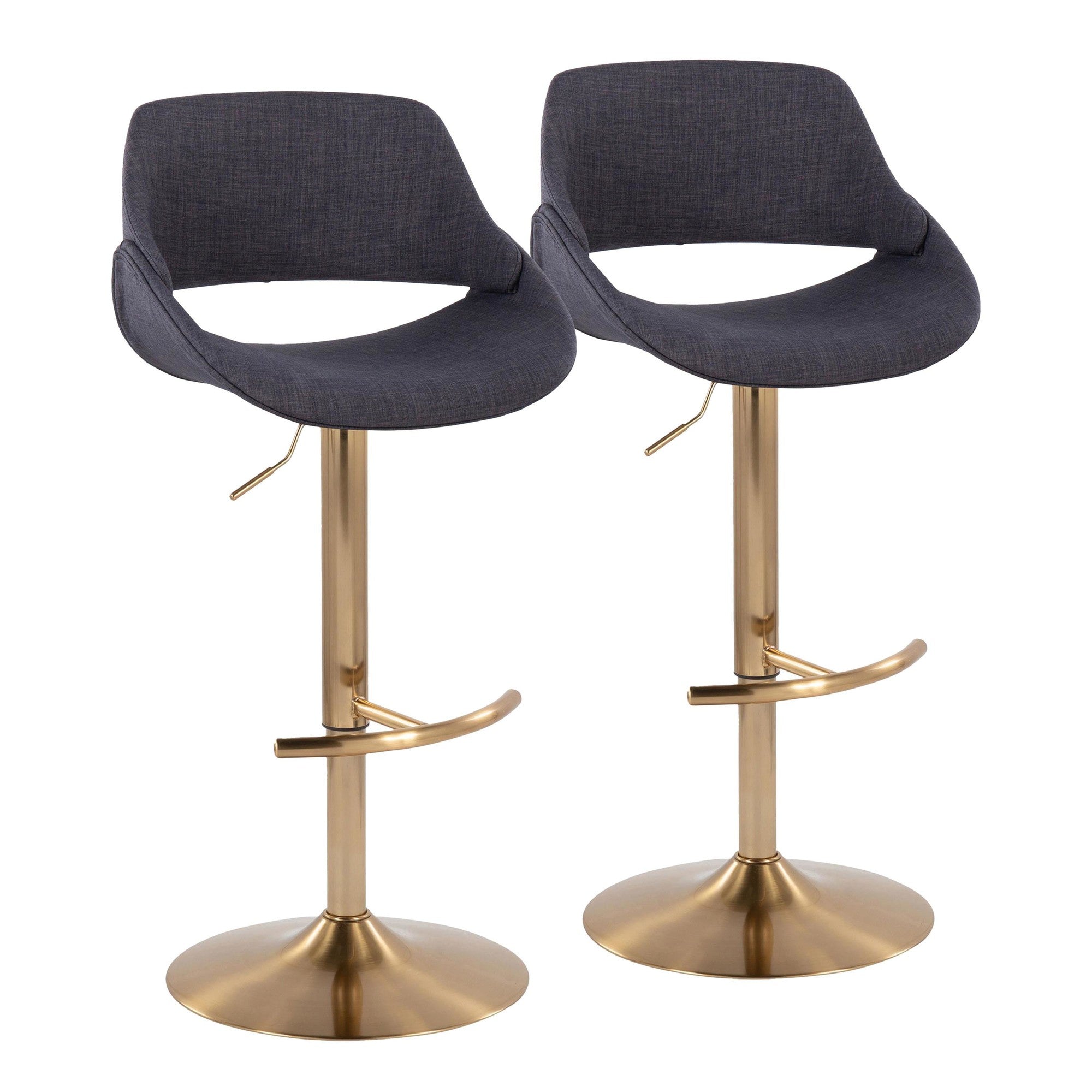 Fabrico Adjustable Barstool - Set of 2 - Gold Metal, Charcoal Fabric