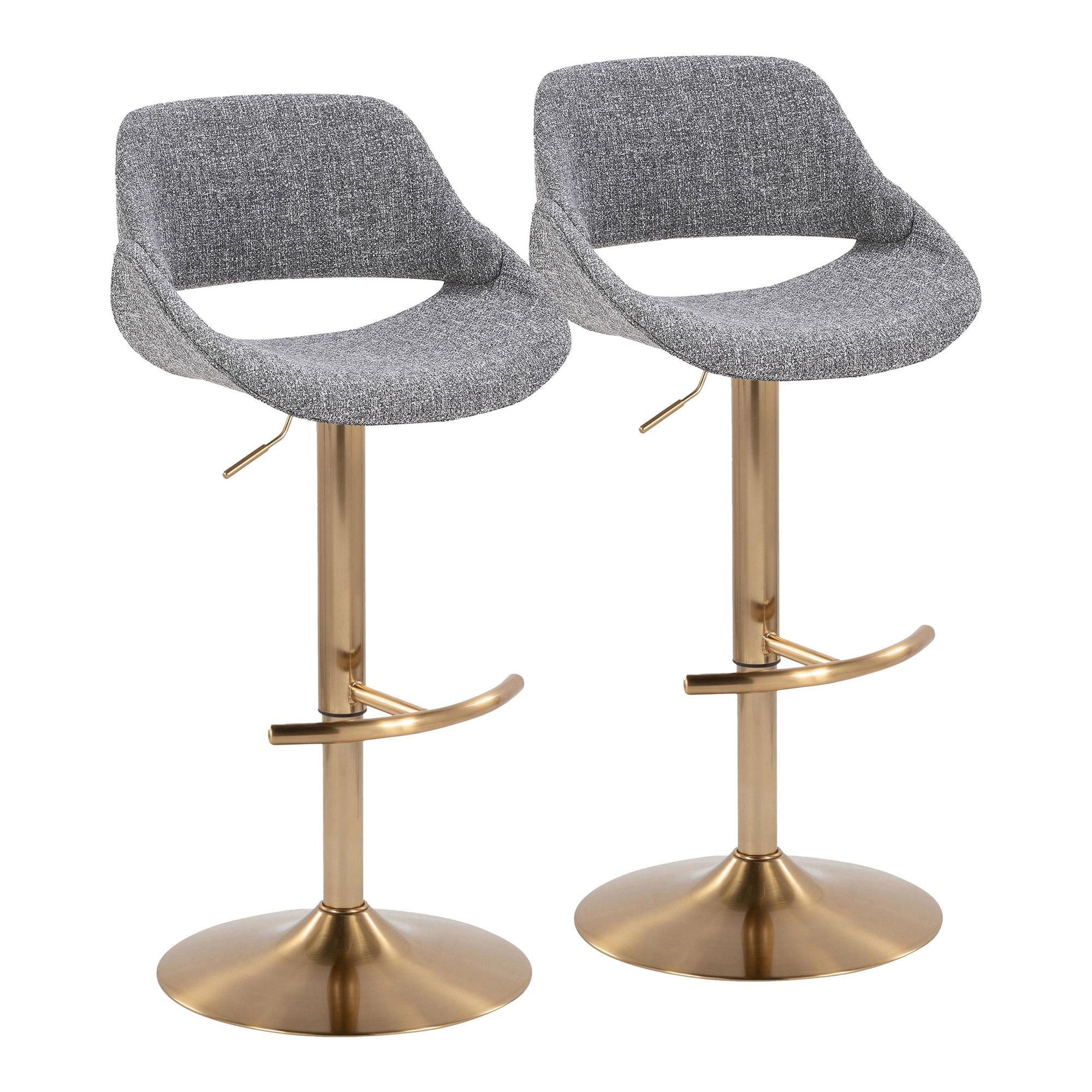 Fabrico Adjustable Barstool - Set of 2 - Gold Metal, Grey Noise Fabric