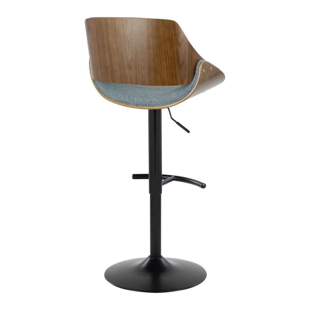 Fabrizzi Adjustable Barstool - Set of 2 - Walnut Wood, Black Metal, Blue Fabric