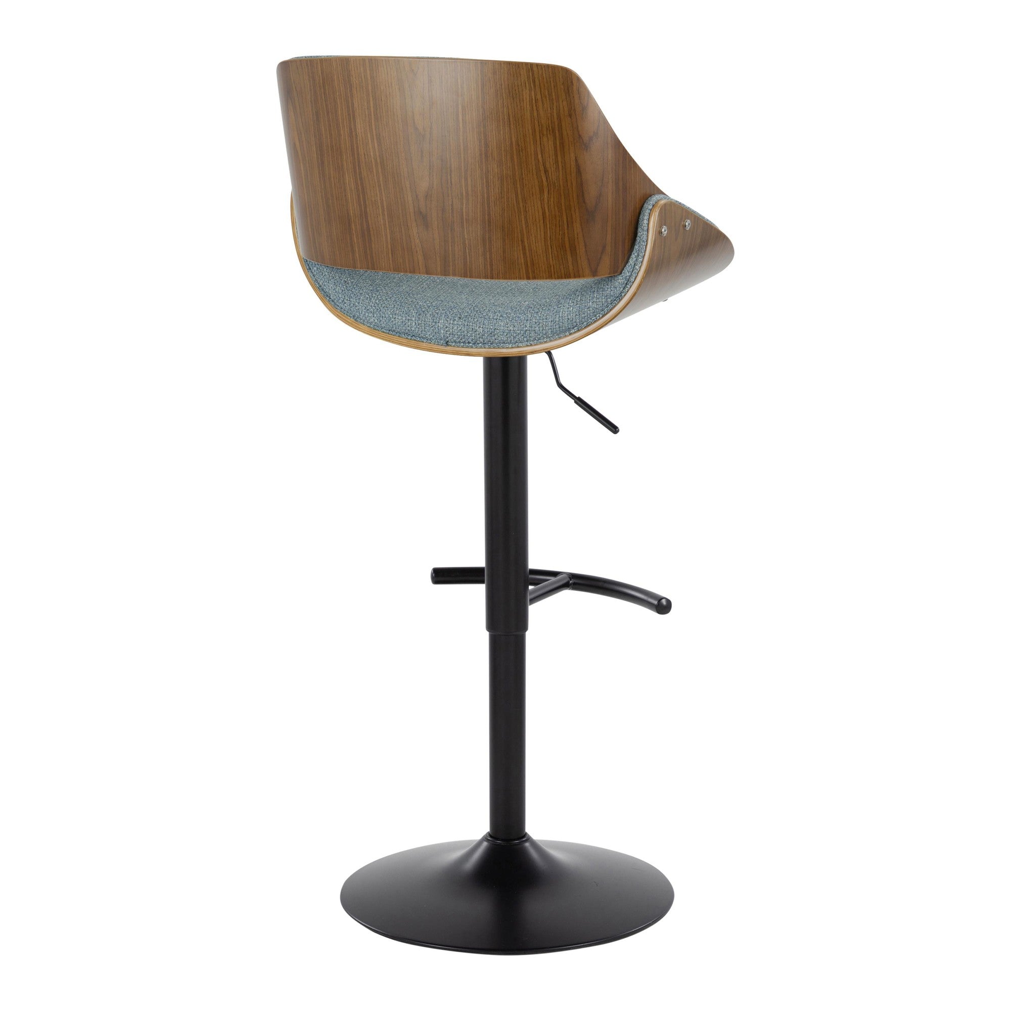 Fabrizzi Adjustable Barstool - Set of 2 - Walnut Wood, Black Metal, Blue Fabric