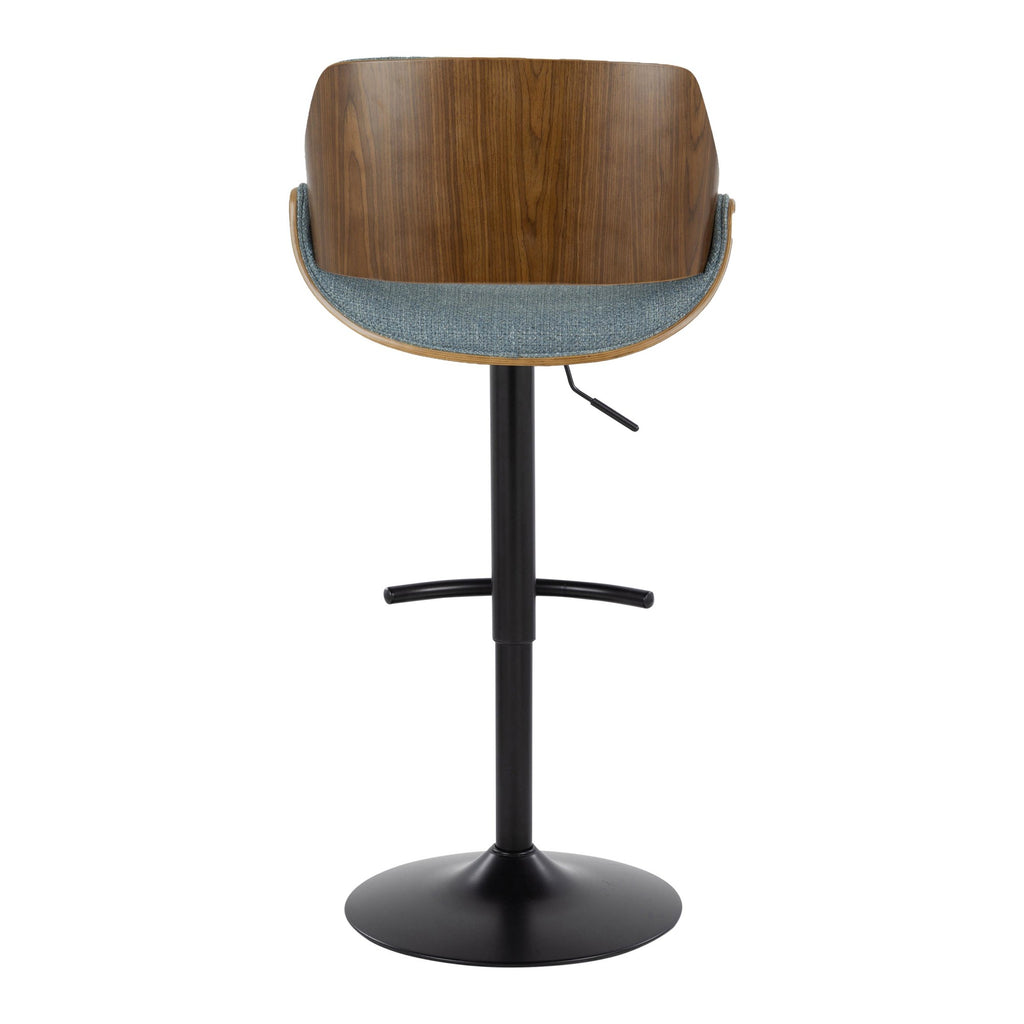 Fabrizzi Adjustable Barstool - Set of 2 - Walnut Wood, Black Metal, Blue Fabric