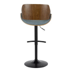 Fabrizzi Adjustable Barstool - Set of 2 - Walnut Wood, Black Metal, Blue Fabric