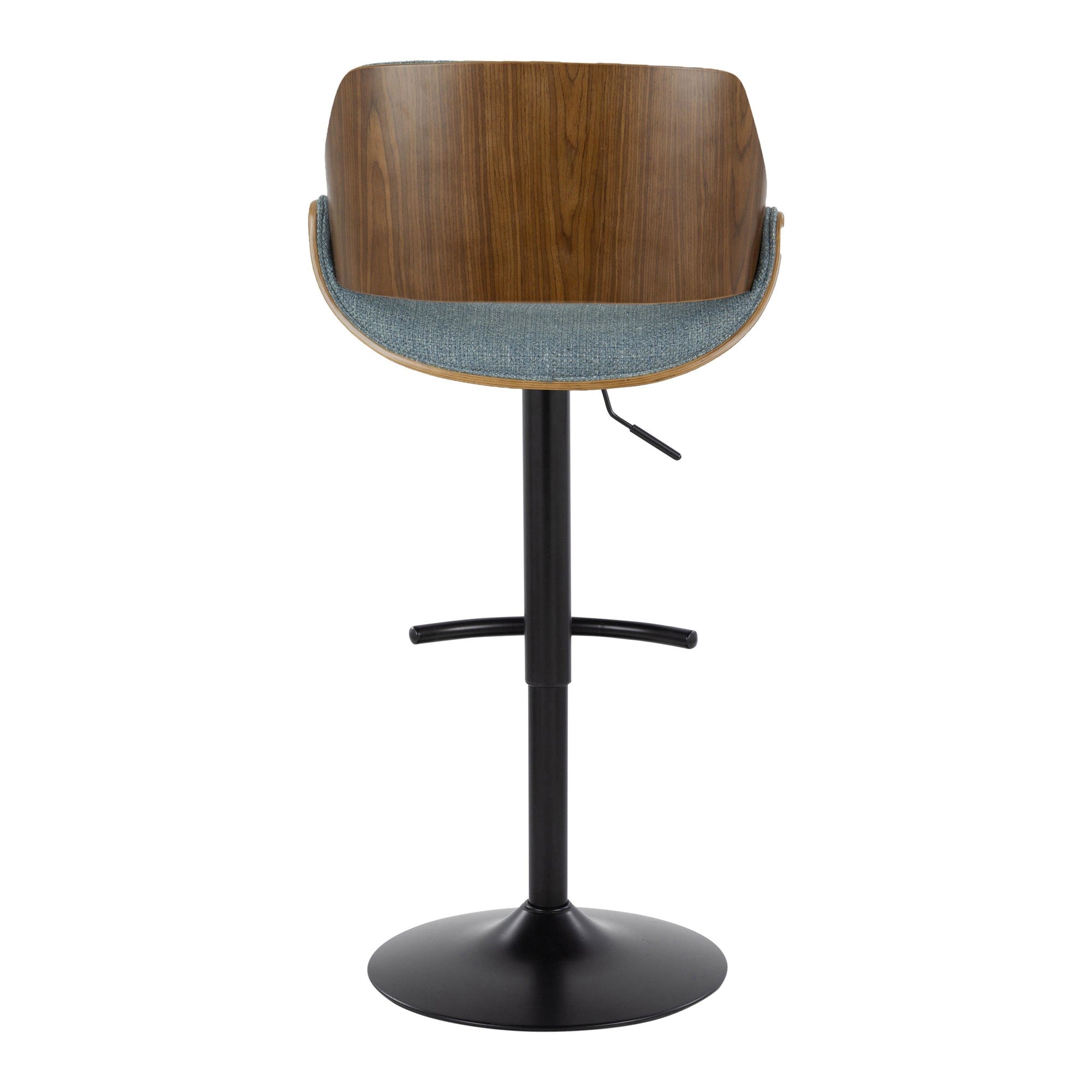 Fabrizzi Adjustable Barstool - Set of 2 - Walnut Wood, Black Metal, Blue Fabric