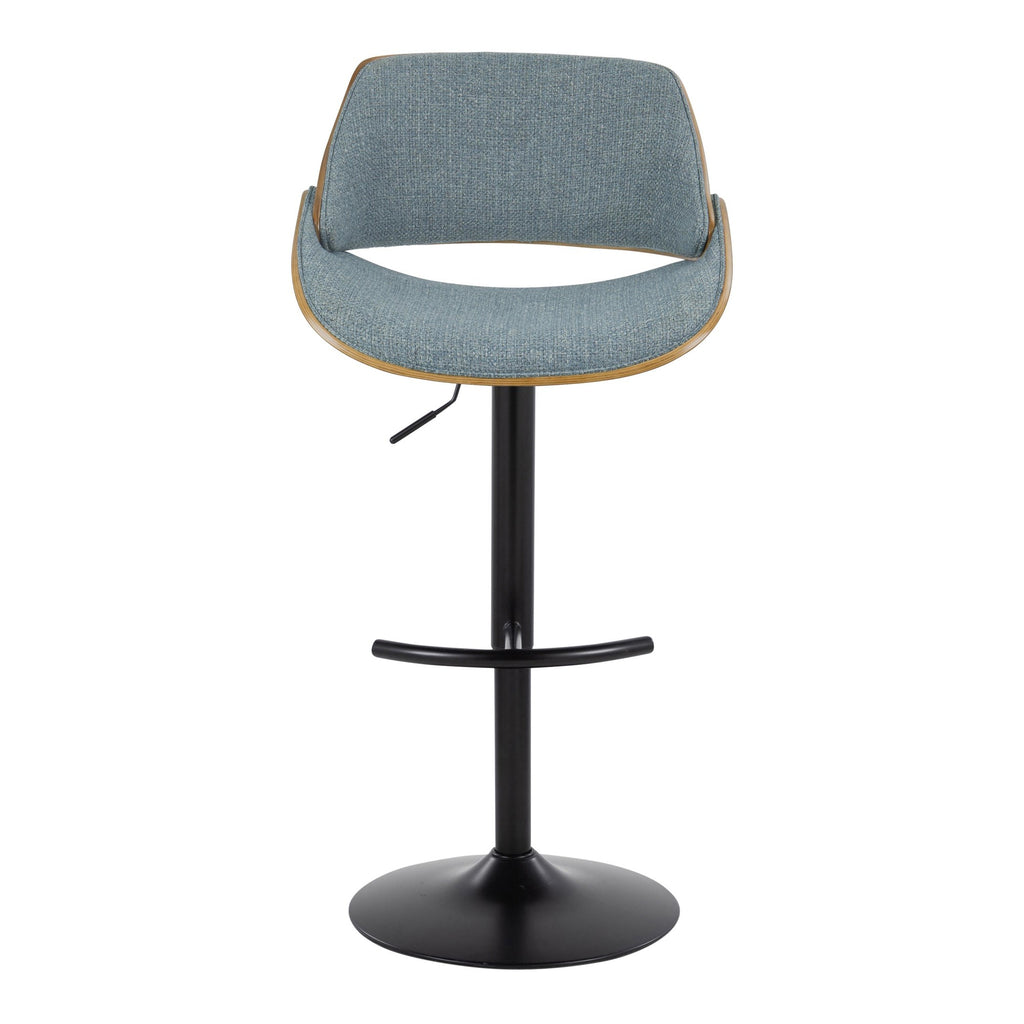 Fabrizzi Adjustable Barstool - Set of 2 - Walnut Wood, Black Metal, Blue Fabric