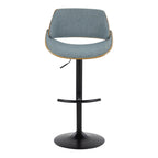 Fabrizzi Adjustable Barstool - Set of 2 - Walnut Wood, Black Metal, Blue Fabric