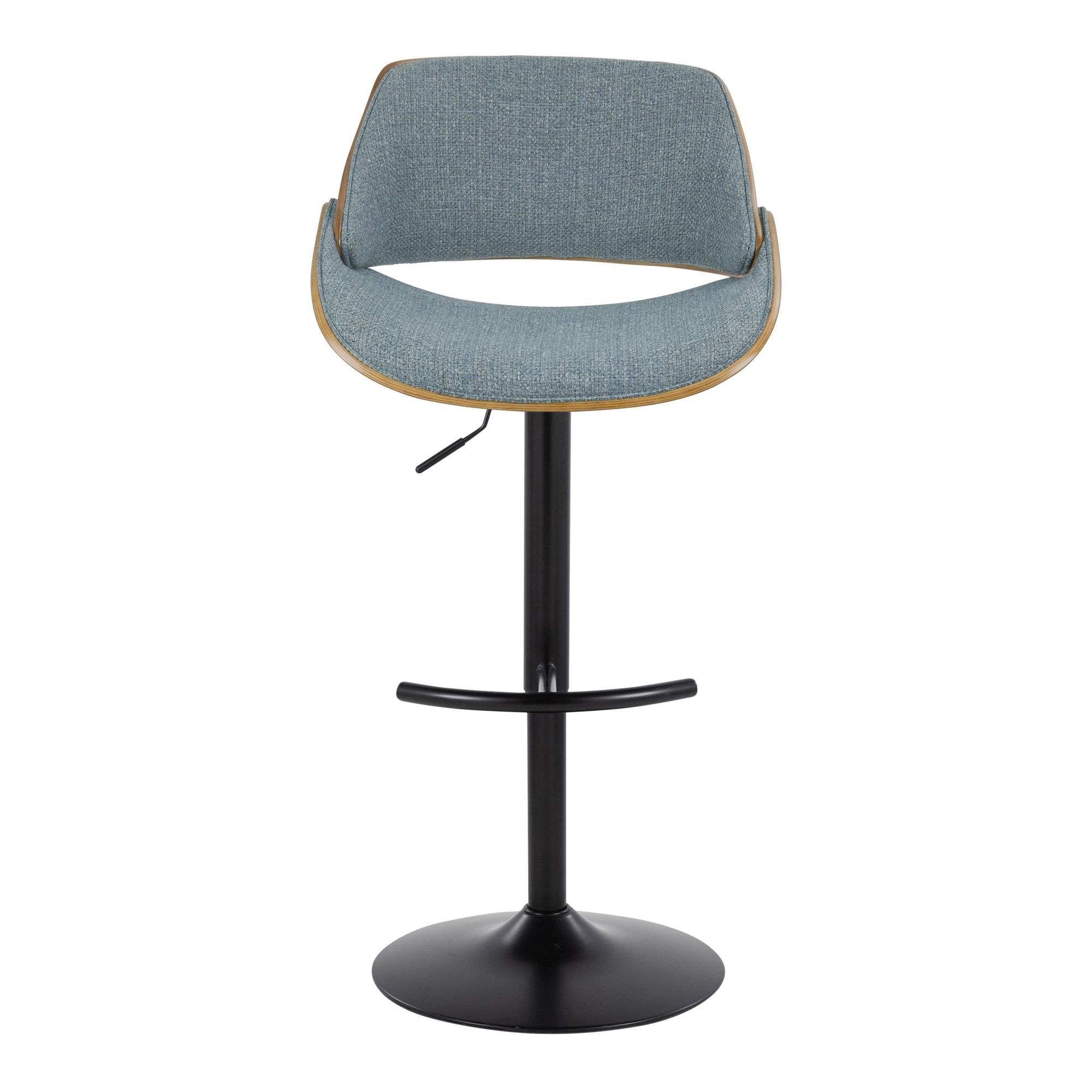 Fabrizzi Adjustable Barstool - Set of 2 - Walnut Wood, Black Metal, Blue Fabric