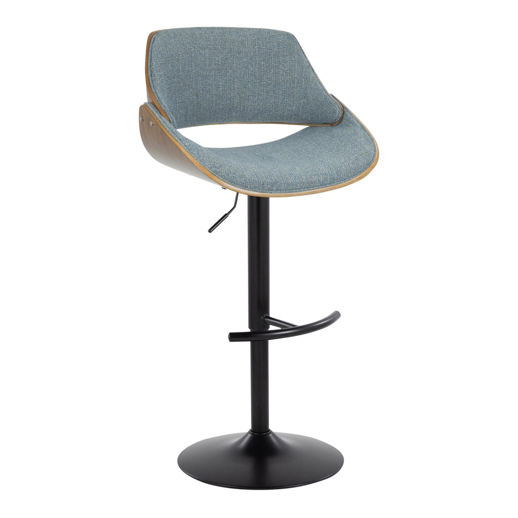 Fabrizzi Adjustable Barstool - Set of 2 - Walnut Wood, Black Metal, Blue Fabric
