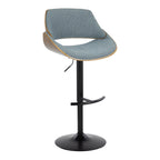 Fabrizzi Adjustable Barstool - Set of 2 - Walnut Wood, Black Metal, Blue Fabric