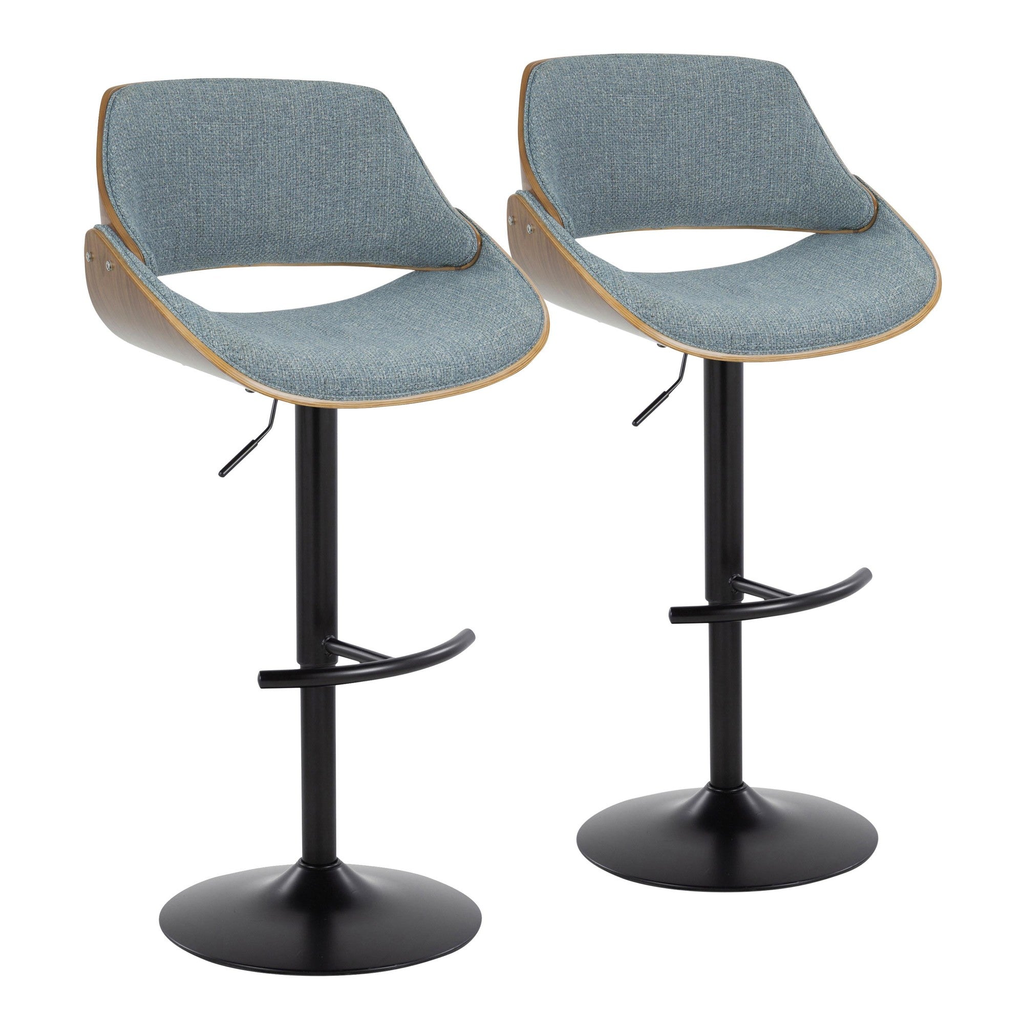Fabrizzi Adjustable Barstool - Set of 2 - Walnut Wood, Black Metal, Blue Fabric
