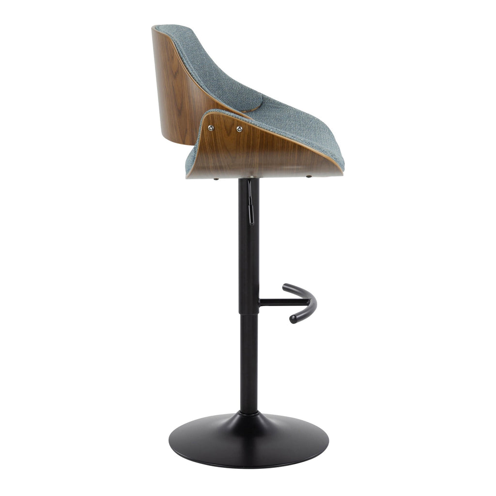 Fabrizzi Adjustable Barstool - Set of 2 - Walnut Wood, Black Metal, Blue Fabric