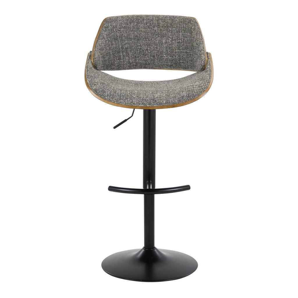 Fabrizzi Adjustable Barstool - Set of 2 - Walnut Wood, Black Metal, Noise Grey Fabric