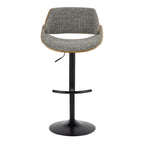Fabrizzi Adjustable Barstool - Set of 2 - Walnut Wood, Black Metal, Noise Grey Fabric