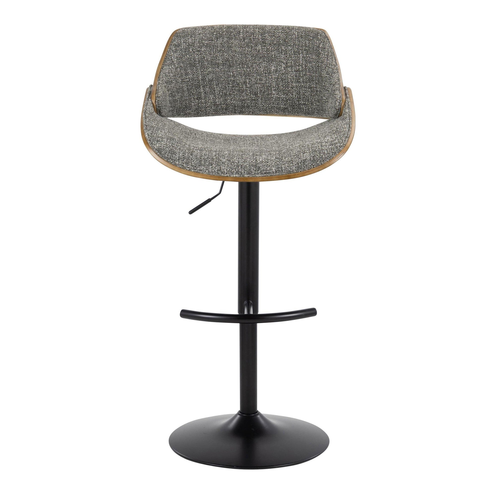Fabrizzi Adjustable Barstool - Set of 2 - Walnut Wood, Black Metal, Noise Grey Fabric