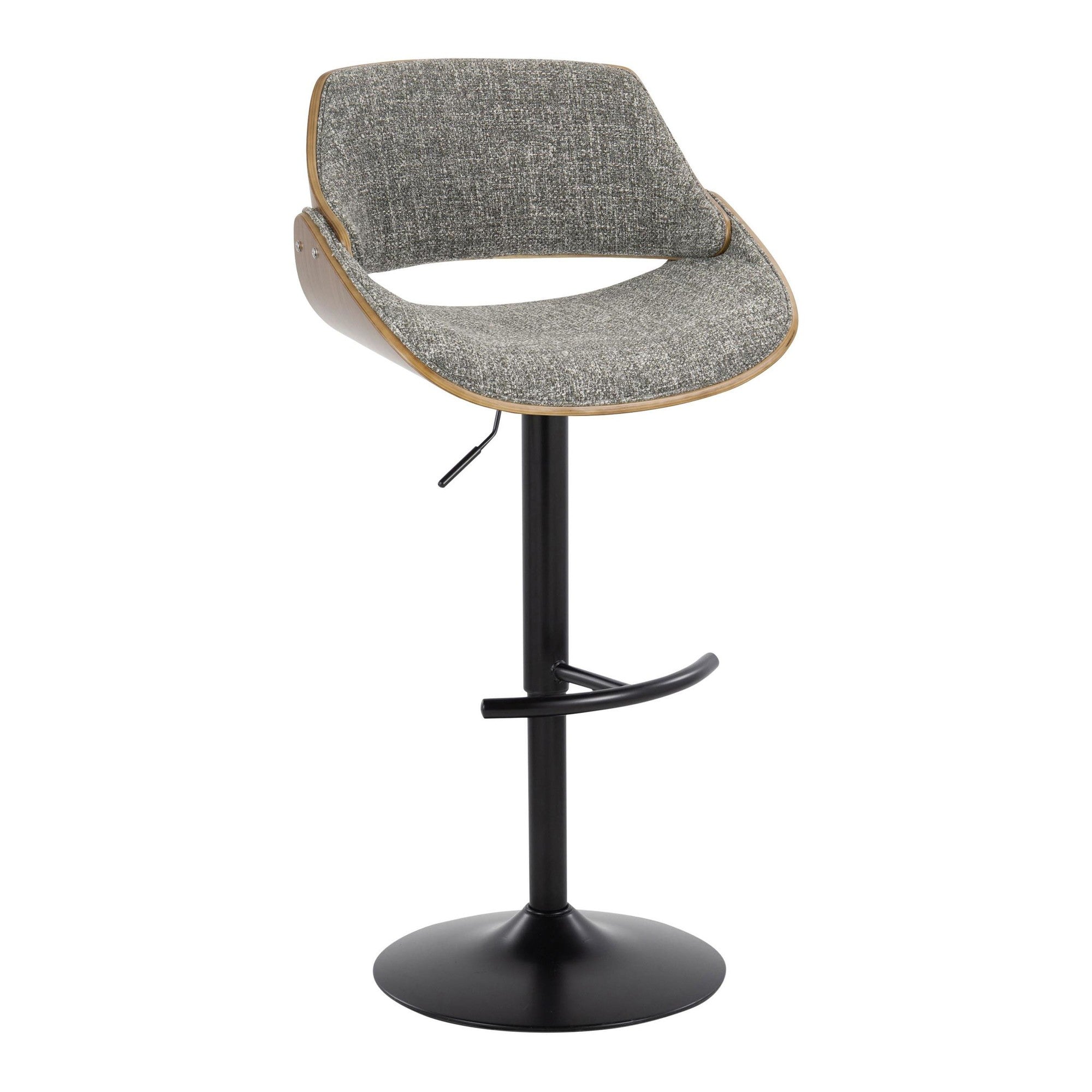 Fabrizzi Adjustable Barstool - Set of 2 - Walnut Wood, Black Metal, Noise Grey Fabric