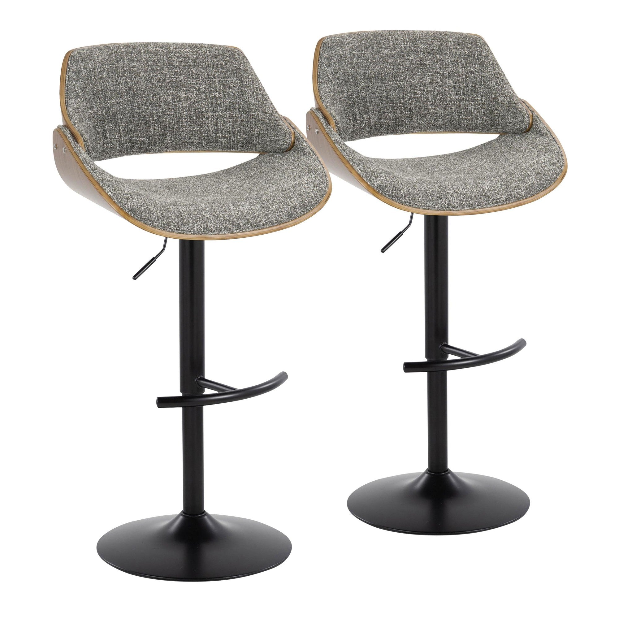 Fabrizzi Adjustable Barstool - Set of 2 - Walnut Wood, Black Metal, Noise Grey Fabric