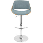 Fabrizzi Adjustable Barstool - Set of 3 - Chrome Metal, Walnut Wood, Blue Fabric