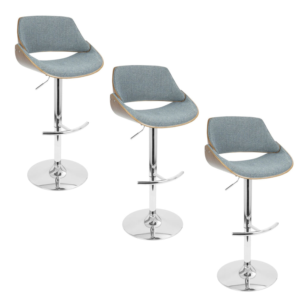 Fabrizzi Adjustable Barstool - Set of 3 - Chrome Metal, Walnut Wood, Blue Fabric