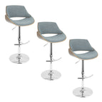 Fabrizzi Adjustable Barstool - Set of 3 - Chrome Metal, Walnut Wood, Blue Fabric