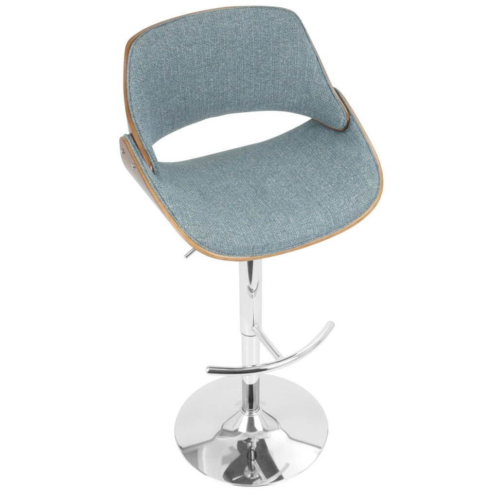 Fabrizzi Adjustable Barstool - Set of 3 - Chrome Metal, Walnut Wood, Blue Fabric