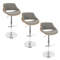 Fabrizzi Adjustable Barstool - Set of 3 - Chrome Metal, Walnut Wood, Grey Noise Fabric