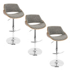 Fabrizzi Adjustable Barstool - Set of 3 - Chrome Metal, Walnut Wood, Grey Noise Fabric