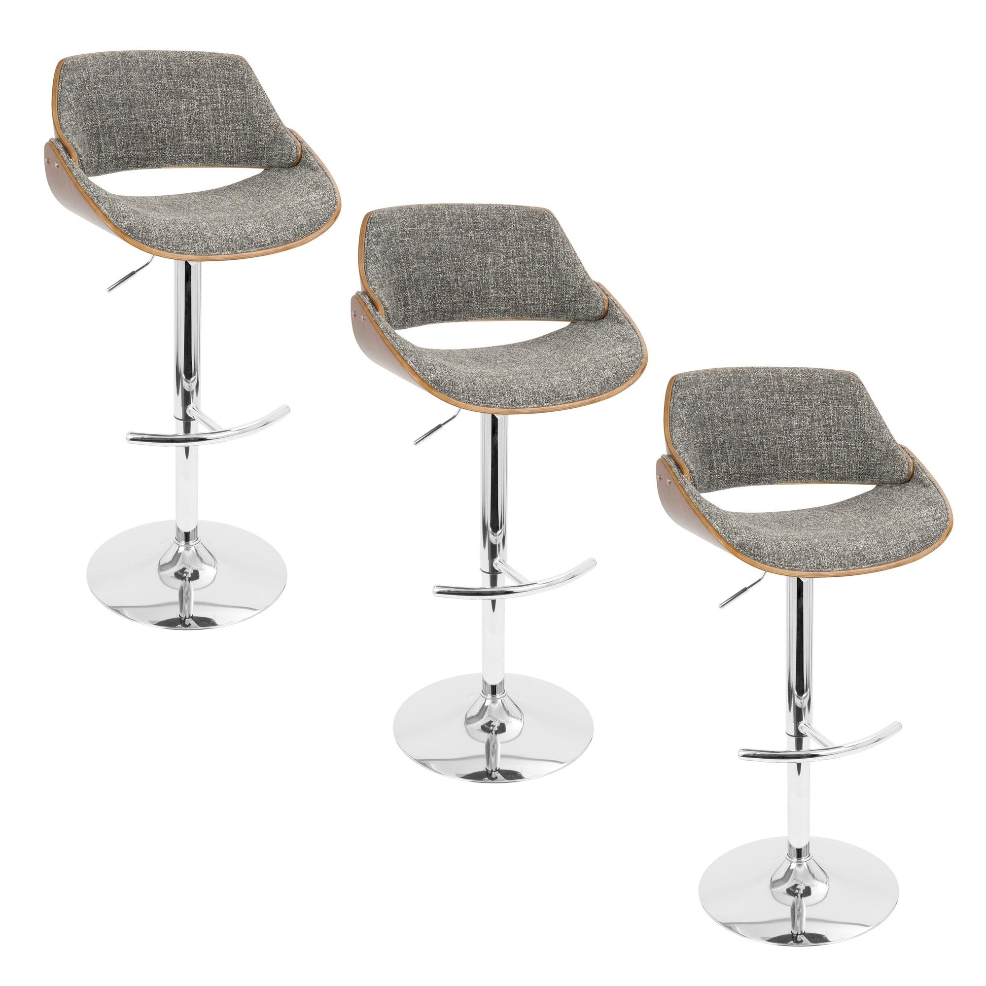Fabrizzi Adjustable Barstool - Set of 3 - Chrome Metal, Walnut Wood, Grey Noise Fabric