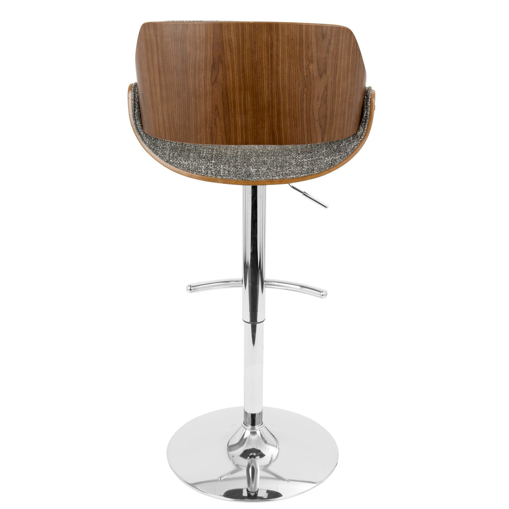 Fabrizzi Adjustable Barstool - Set of 3 - Chrome Metal, Walnut Wood, Grey Noise Fabric