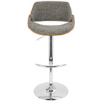 Fabrizzi Adjustable Barstool - Set of 3 - Chrome Metal, Walnut Wood, Grey Noise Fabric