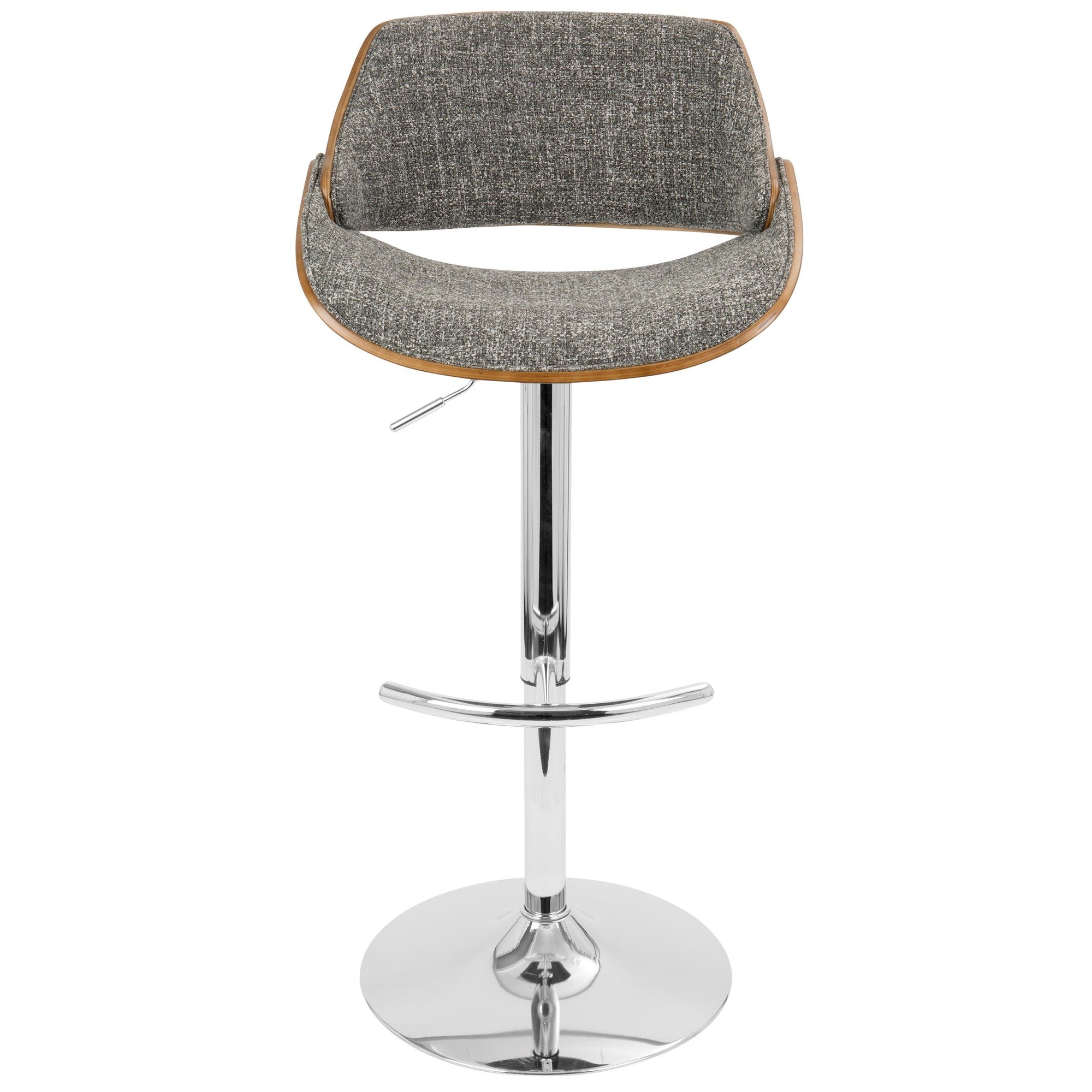 Fabrizzi Adjustable Barstool - Set of 3 - Chrome Metal, Walnut Wood, Grey Noise Fabric