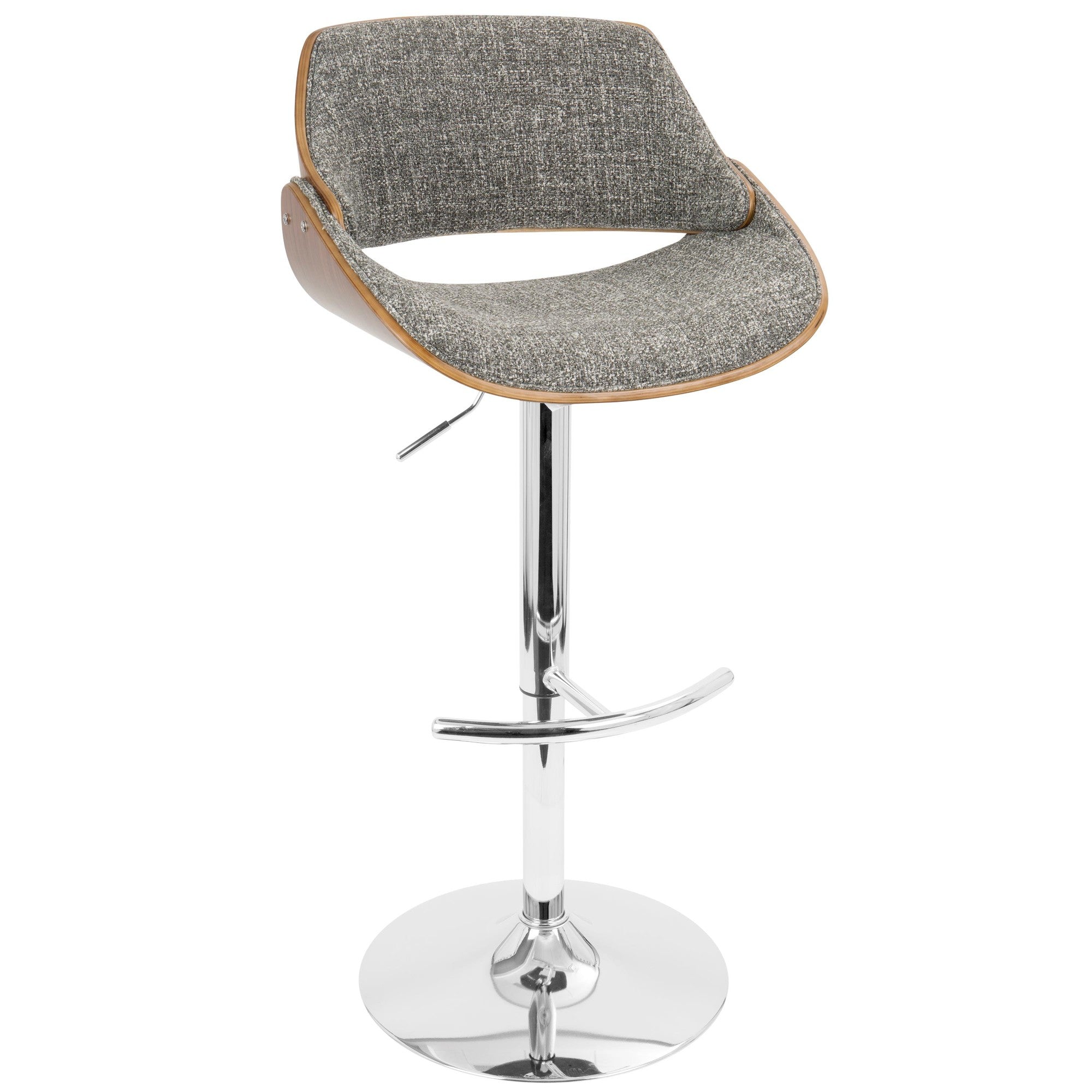Fabrizzi Adjustable Barstool - Set of 3 - Chrome Metal, Walnut Wood, Grey Noise Fabric