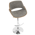 Fabrizzi Adjustable Barstool - Set of 3 - Chrome Metal, Walnut Wood, Grey Noise Fabric