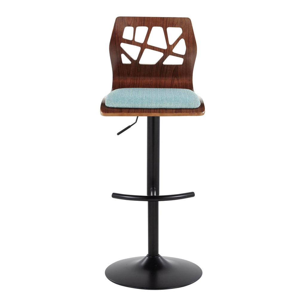 Folia Adjustable Barstool - Set of 2 - Black Metal, Walnut Wood, Teal Fabric