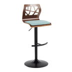 Folia Adjustable Barstool - Set of 2 - Black Metal, Walnut Wood, Teal Fabric