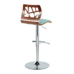 Folia Adjustable Barstool - Set of 2 - Chrome Metal, Walnut Wood, Teal Fabric
