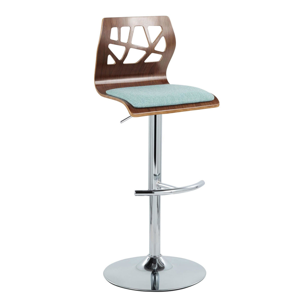 Folia Adjustable Barstool - Set of 2 - Chrome Metal, Walnut Wood, Teal Fabric
