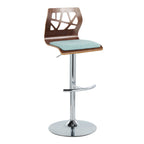 Folia Adjustable Barstool - Set of 2 - Chrome Metal, Walnut Wood, Teal Fabric