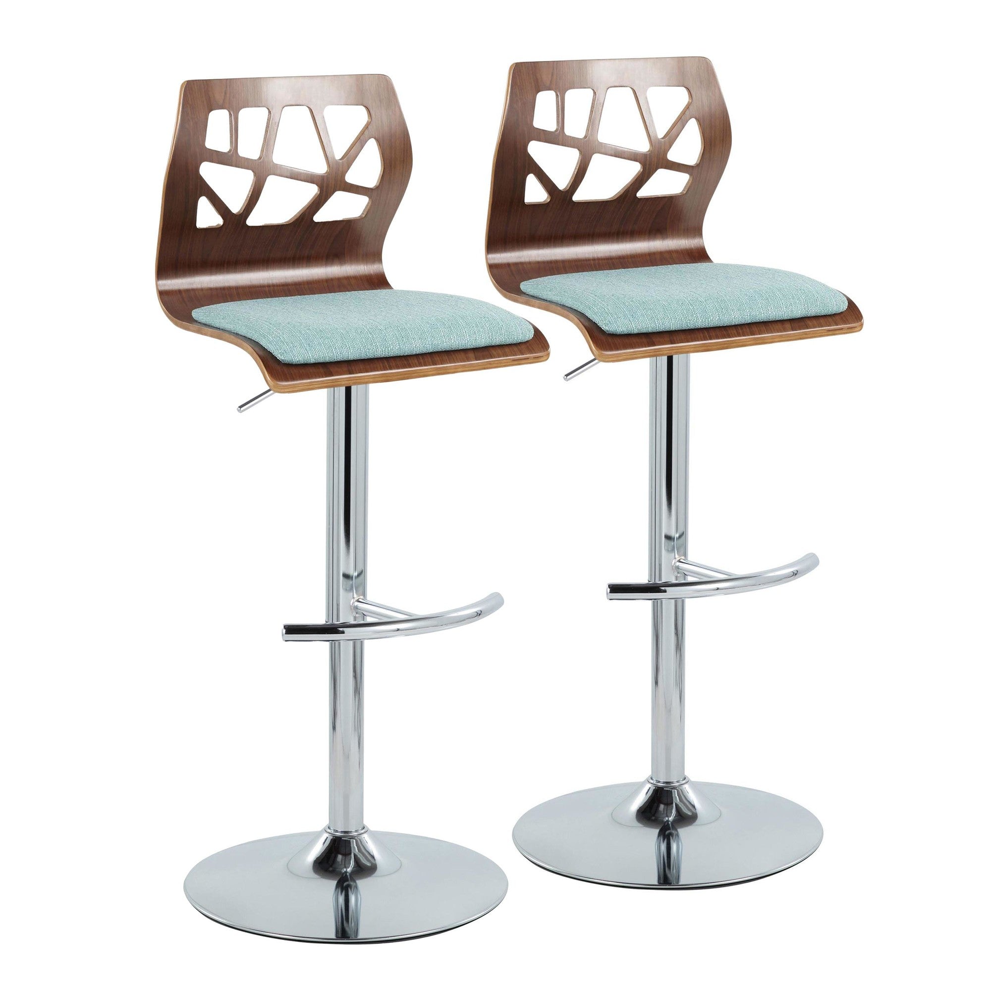 Folia Adjustable Barstool - Set of 2 - Chrome Metal, Walnut Wood, Teal Fabric