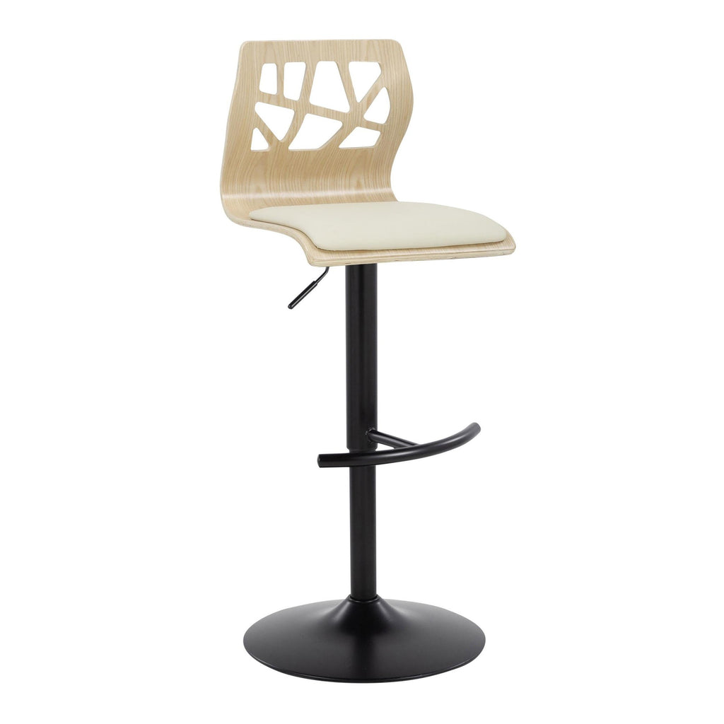 Folia Adjustable Barstool - Set of 2 - Black Metal, Natural Wood, Cream PU