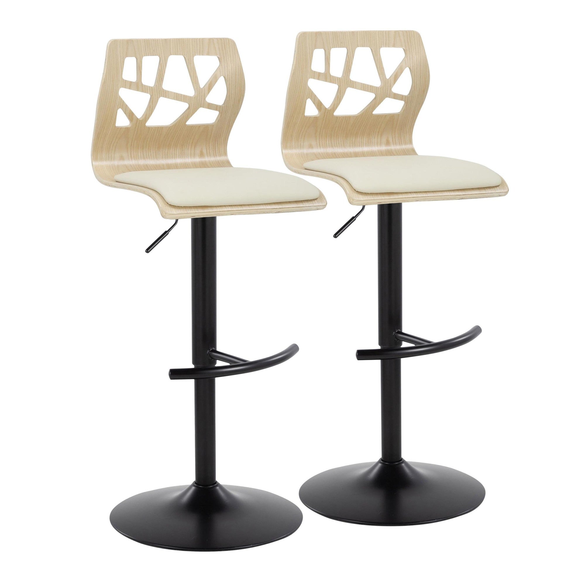 Folia Adjustable Barstool - Set of 2 - Black Metal, Natural Wood, Cream PU