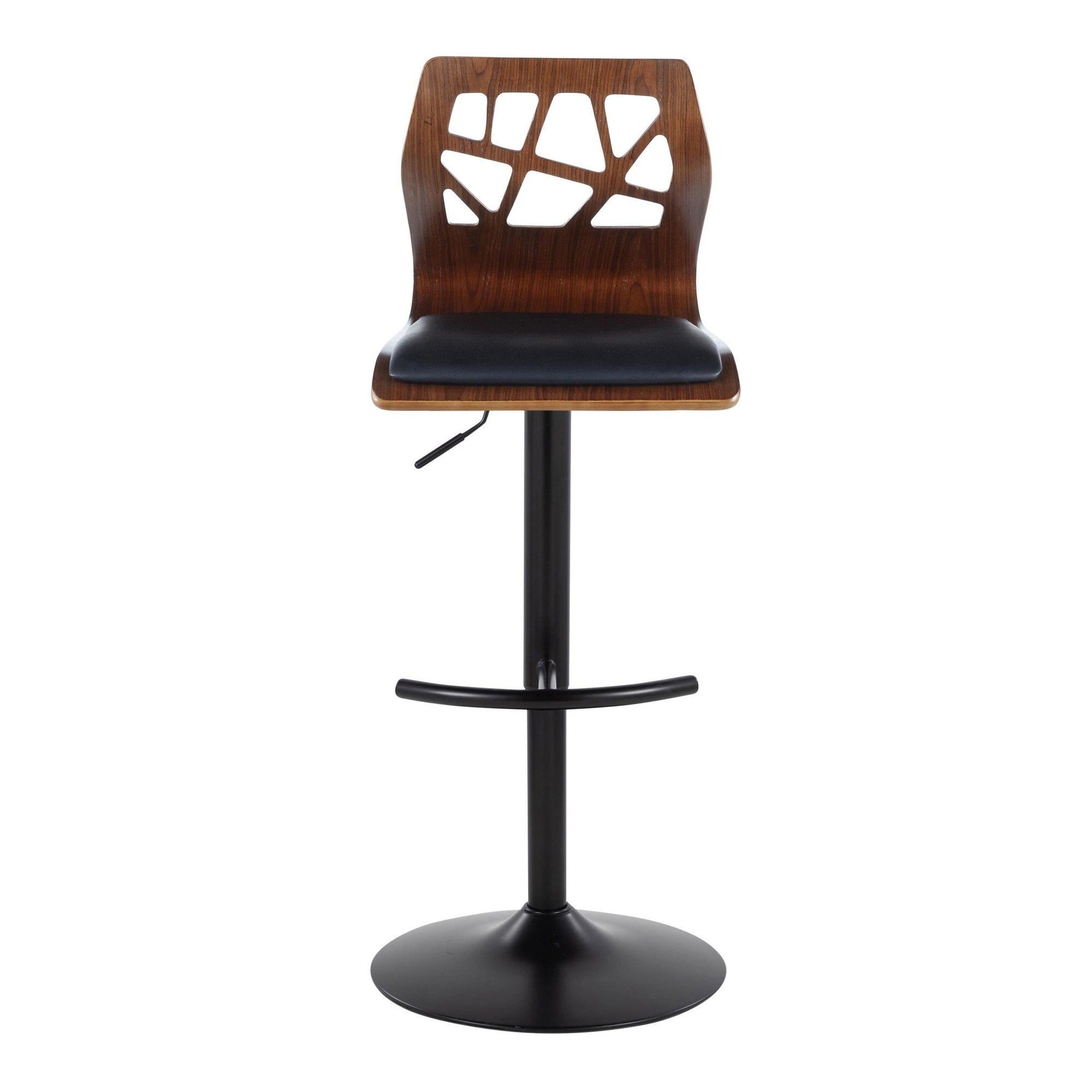 Folia Adjustable Barstool - Set Of 2 - Black Metal, Walnut Wood, Black PU