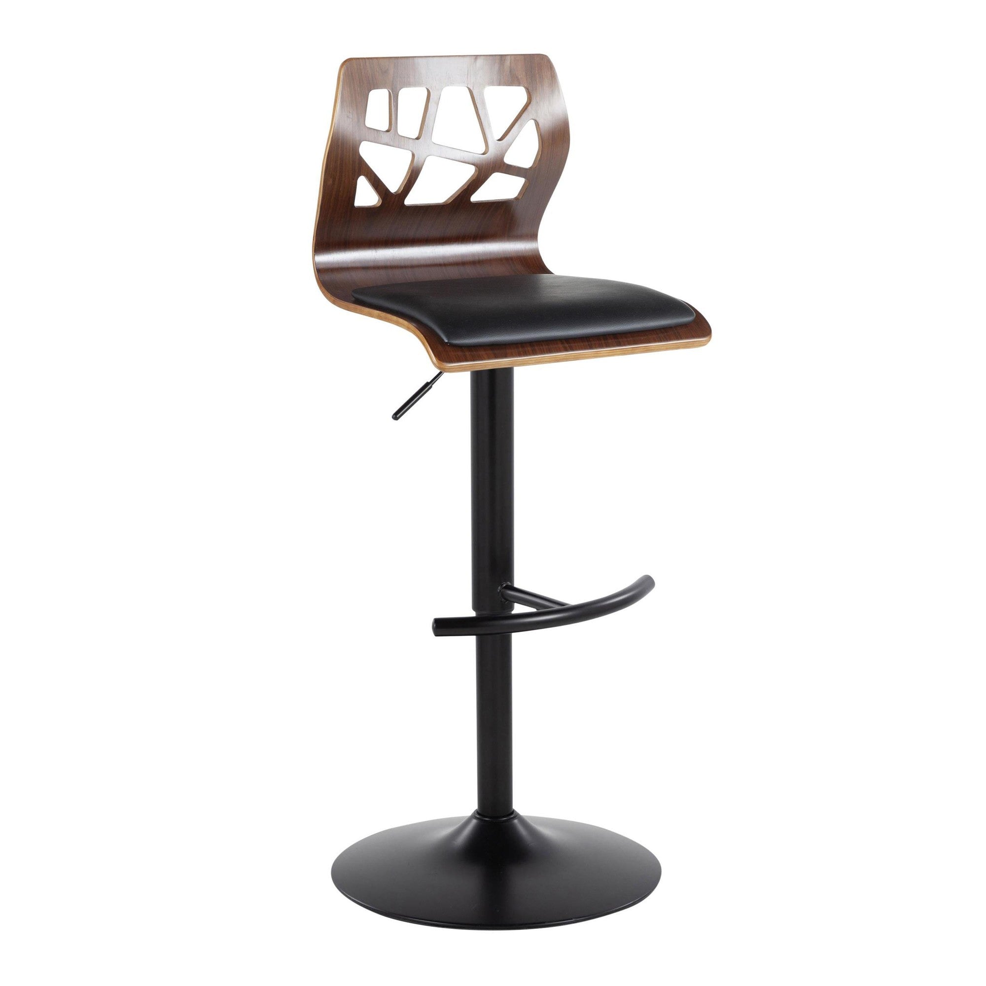 Folia Adjustable Barstool - Set Of 2 - Black Metal, Walnut Wood, Black PU