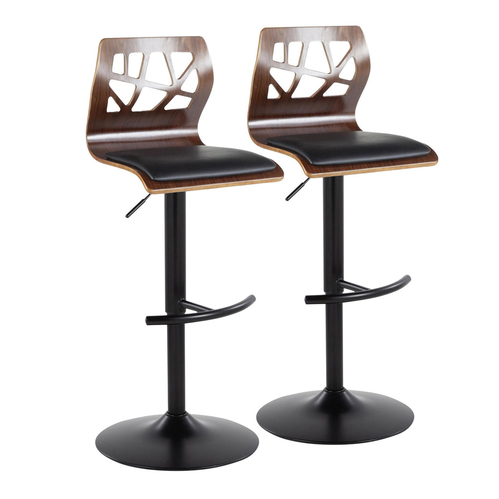 Folia Adjustable Barstool - Set Of 2 - Black Metal, Walnut Wood, Black PU